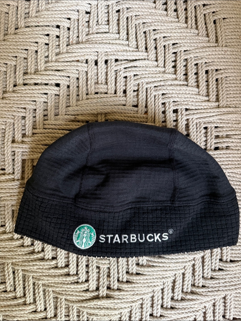 Starbucks Thermal Beanie Hat Black Green Logo Embroidered Stretch Waffle Knit